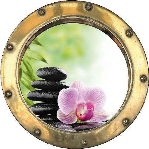 Stickers hublot trompe l'oeil Orchidée Galets Bambous Zen - H353 (30x30 cm)