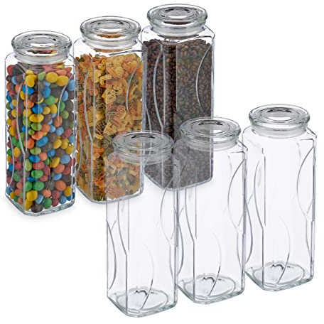 Relaxdays Vorratsgläser mit Deckel, 6er Set, Glas, 1650 ml, eckige Vorratsdosen, luftdichte Glasbehälter, transparent