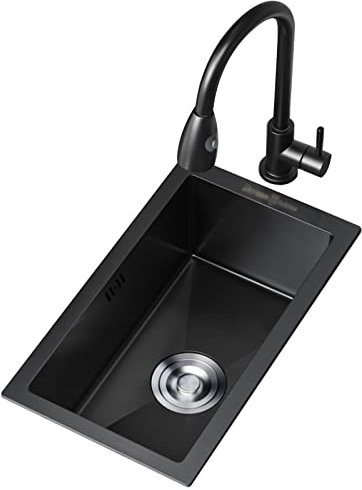 Barspüle, Kaffeeraumspüle, Küchenspüle, schwarzes Unterbauwaschbecken mit herausziehbarem Wasserhahn, Plattenstärke 4 mm ()