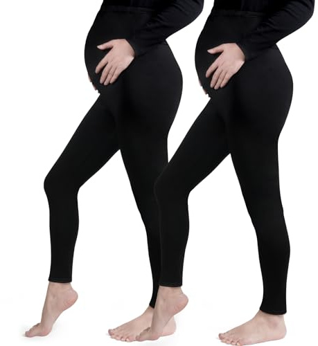 Aomig Leggings Premaman Donna, 2 Pz Pantaloni Gravidanza Elasticizzato e Comodo in Felpato, Leggins Premaman Donna a Vita Alta, Vita Regolabile, Basic Pantaloni per Gravidanza(L)