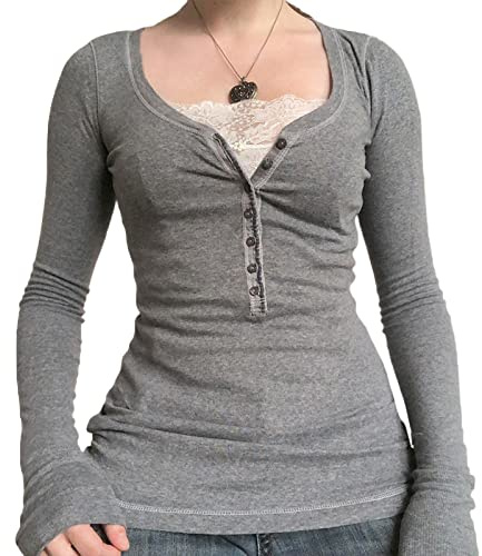 Womens Long Sleeve Fitted Y2K Henley Tops