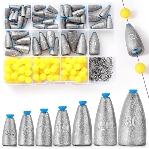 VEPEPE Poids Coulissant de Peche avec Noyau Plastique, 50 Pcs Kit Plomb Peche 3.5g 5g 7g 10g 15g 20g 30g, Plomb de avec 100 Perles, 20 Émerillons, Mer, Plombs pour Pêche Carpe