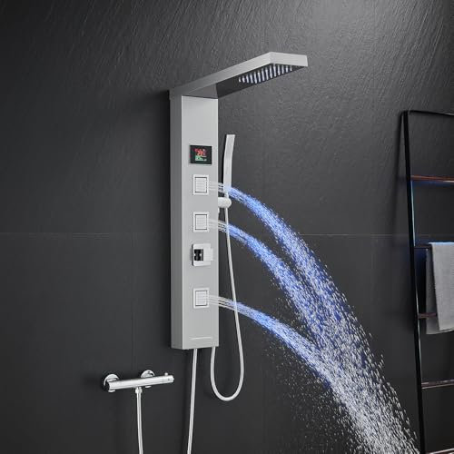 KINKIBOS Pannello doccia a LED senza rubinetto, 4 funzioni pannello doccia con doccia a pioggia, 3 ugelli massaggianti, doccetta e beccuccio per vasca da bagno, colonna doccia in acciaio inox 304,