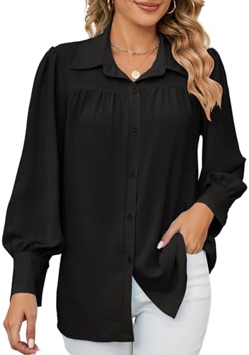 Heersan Camicia da Donna Elegante Camicetta a Maniche Lunghe con Scollo a V Tinta Unita Classico Tops con Bottoni Blusa, Casual e Versatile