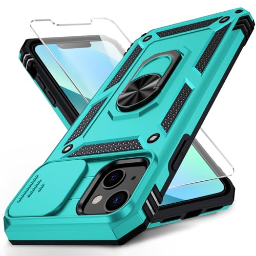 for iPhone 13 Mini Case with Camera Lens Cover, HD Screen Protector, 10 FT Military Grade Drop Protection, Magnetic Ring Holder Kickstand Protective Phone Case for iPhone 13 Mini,Ice Green
