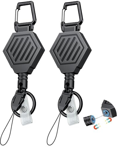 Uniclife 2 Pack Heavy Duty Retractable Keychain with Magnetic Closure Tactical ID Badge Holder Reel for up to 16 oz Magnetic Carabiner Clip with 31 Dyneema Cord Retractable Lanyard and Key Ring