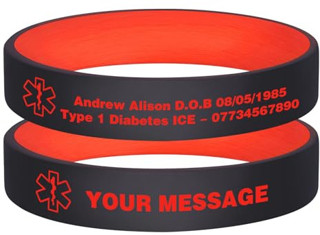 Personalisierte Notfallarmband Medizinisches Alarm Armband - 2 Stück Elastische Silikon SOS ID Armband Gravur mit Name Telefonnummer Allergie Epilepsie Diabetes Notfall Armbänder für Herren Damen