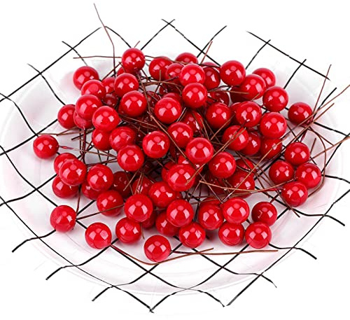 lvifloae 100 Pezzi Bacche di Agrifoglio Rosse Artificiali con Stelo in Metallo Bacche Finte di Natale per la Decorazione dell'Albero di Natale, Ghirlande Artigianali, Decorazioni per Feste