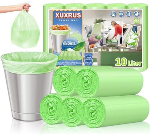 XUXRUS Organic Bin Liners, 10 L, Small Bin Bags, Compostable Bin Liners, Green Food Waste Bags, Pack of 200