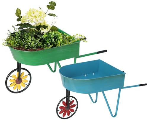 BAYN Metal Wheelbarrow Flower Cart Planter, 2 Packs Plant Stands with Triangular Support Handles Non-Rolling Wheel Vintage Wagon Planter Pots for Home Patio Garden Backyard Rustic Outdoor Decor