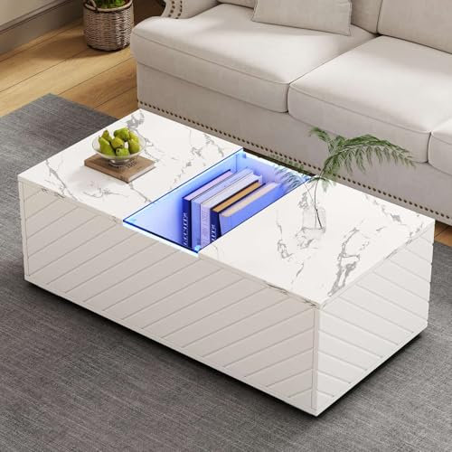 KOMHTOM Table Basse Blanche avec 2 tiroirs et Plateau en Verre Petite Table, Table Basse Coffre avec LED, Meuble Salon Moderne Table d'appoint. (B)