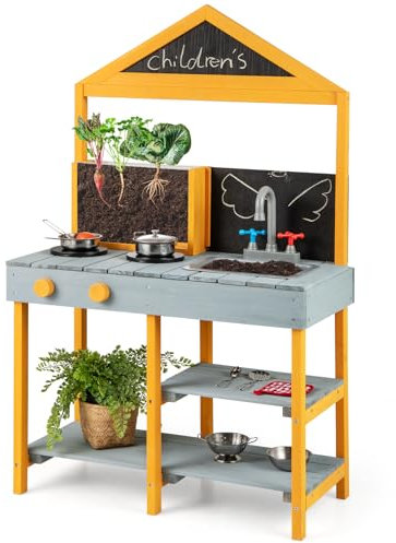 GOPLUS Juego de Cocina de Barro para niños de Madera para Exterior con 2 pizarras, macetero Transparente, Grifo Giratorio, Fregadero extraíble, 2 estantes Inferiores, Utensilios de Cocina (Azul)