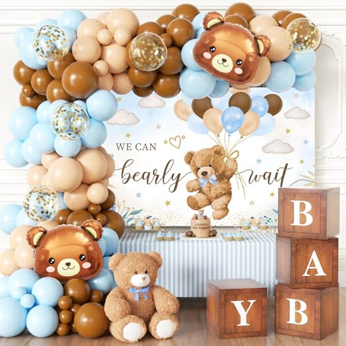 Blue Bear Baby Shower Decorations for Boy, 124pcs Bear Party Decorations with Blue and Brown Balloon Arch Kit, Backdrop, Wood Grain Baby Boxes for Boy Baby Shower Decor