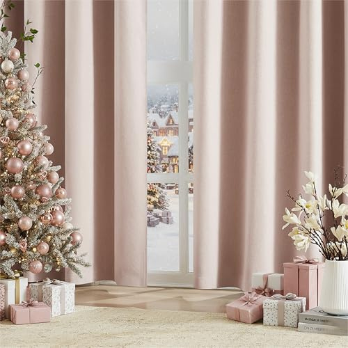 Pink Blackout Curtains 72 Inches Long for Living Room, Pale Pink Blackout Window Drapes for Bedroom Girls Nursery Thermal Insulated Linen Textured Noise Reducing Curtain Panels, Grommet Top