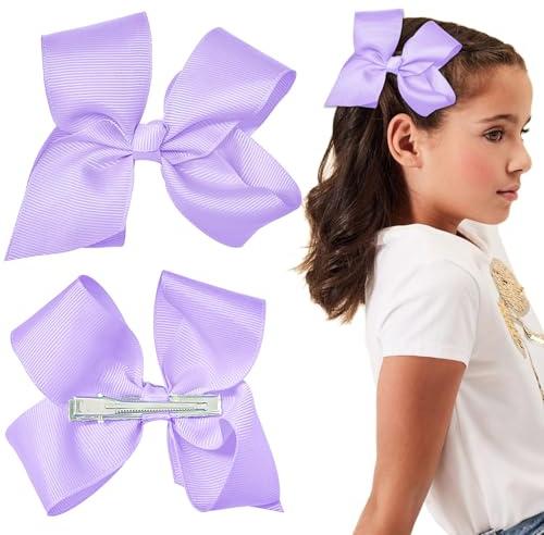 2 Pcs Purple Hair Bows for Girls – Large Clips, Soft Ribbon Barrettes (Purple)