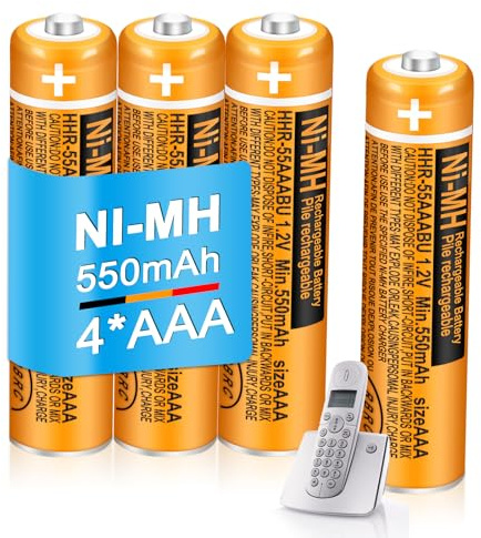 Lot de 4 piles rechargeables AAA 550 mAh 1,2 V HHR-55AAABU NI-MH pour combinés Panasonic Batterie de rechange pour téléphones sans fil BT Gigaset Utilisation quotidienne
