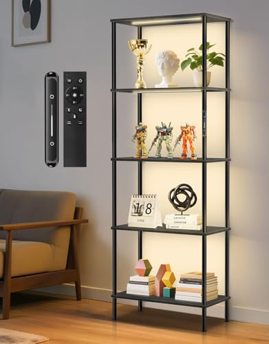 OUTONLIFE LED Bücherregal mit 5 Ebenen und großer, 60 cm breiter Ablagefläche, 60 x 30 x 170 cm, dimmbar mit Touch & Fernbedienung, Timer, Standregal mit Beleuchtung für Wohnzimmer, Schlafzimmer, Büro