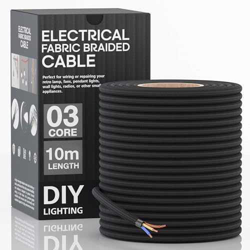 Braided Vintage Cable Fabric Covered Lighting Flex Cable 10m Pack Length, 3-Core 8Amp (0.75mm) Electrical Wire, Texitile Cord Round Pendant Wires for Chandeliers and Lamps Applique Lampshades (Black)