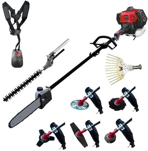 Synergy Desbrozadora Multifunción Gasolina 8 en 1 65cc 4,9cv Motor 2 Tiempos, con Vareador, Cortasetos, Podadora, 4 Discos y 1 Cabezal Automático y Arnés Profesional