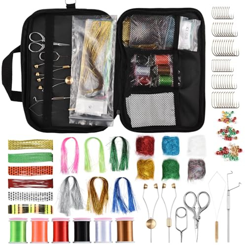 Kit di materiali per legare mosche da 150 pezzi, strumento di avviamento per legare mosche ben organizzato Kit hardware portatile tutto in uno per realizzare esche da pesca