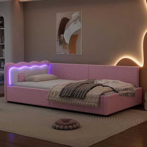 RIAZOS Polsterbett Schlafsofa 90x200 cm, L-förmiges Einzelbett mit LED, Gästebett Daybett Tagesbett, Bettgestell mit Lattenrost, Ohne Matratze, Rosa