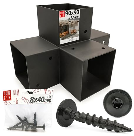 Connecteur X acier 92x185x275x1,5 mm 1,5 mm, 10 vis 8x40 mm, support noir | connexion poutre bois, connecteur pergola carport terrasse clôture, support poteau bois, extérieur, Lun Fix