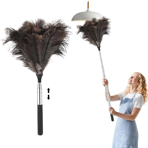 LUFEIS Extendable Feather Duster, 42-115cm Retractable Ostrich Feather Duster, Household Dusters with Retractable Handle, Fluffy Natural Ostrich Feathers for High Ceiling Fans, Cupboards, Car Cleaning