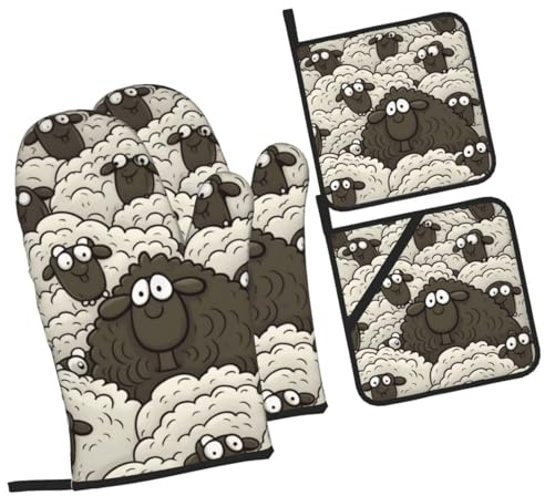 4 Stück Ofenhandschuhe Set Cartoon Schwarz-Weißes Schaf Grillhandschuhe Mit Innere Baumwollschicht Wasserfeste Topfhandschuhe, Für Mikrowelle, Küche, Backen