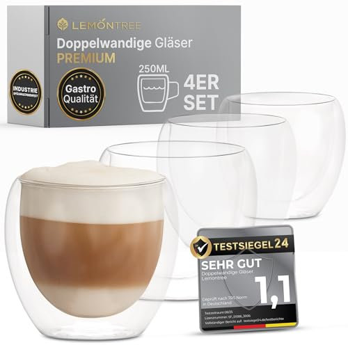 Lemontree Juego de 4 tazas de capuchino de 250 ml, calidad gastronómica, apto para lavavajillas y resistente al calor a 180 grados, vasos de capuchino modernos, vasos de café de doble pared