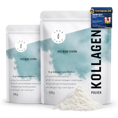 JOHN VOSS Kollagen Pulver 2 x 500g - Collagen Peptide Typ 1 & 3 vom Rind | 100% Kollagenhydrolysat, laborgeprüft & geschmacksneutral - leicht löslich, hohe Bioverfügbarkeit - 66 Portionen à 15g