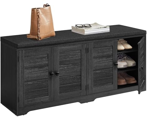 VASAGLE Shoe Storage Bench with Cushion, 3-Tier Entryway Bench with Padded Seat, Doors, Adjustable Shelves, 14 x 47.6 x 20.7 Inches, for Hallway, Bedroom, Charcoal Gray and Ink Black ULSB048BA01