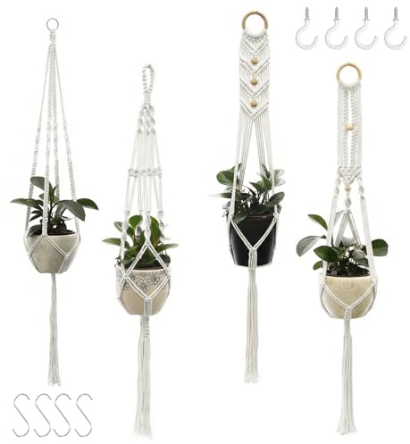 YRUHAN 4 Stück Gewebte Blumenampel Hängend Innen, Makramee Blumenampel, Hängepflanzen Topf, Einfach zu Bedienen, Fest Hängend, Quastendesign, Geeignet für Indoor-Decke, Balkon-Dekoration