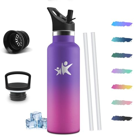 Mulbijeo Botella Agua Acero Inoxidable, 750ml con Pajita 18/8, Termo, Reutilizable, Botella Termica, sin BPA y Anti-fugas, Cantimplora Acero Inoxidable, para Gimnasio, Escuela, Viaje
