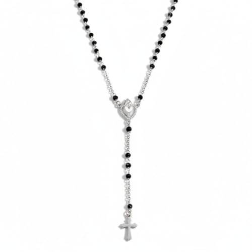 Damiano Argenti Collana Rosario con Sacro Cuore in Argento 925 e Zirconi Neri Argento