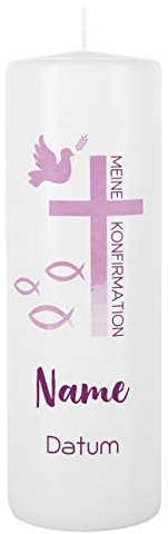 Herz & Heim® Konfirmationskerze mit Gratis Aufdruck des Namens u. des Datums 8 x 25 cm Fisch und Taube lila