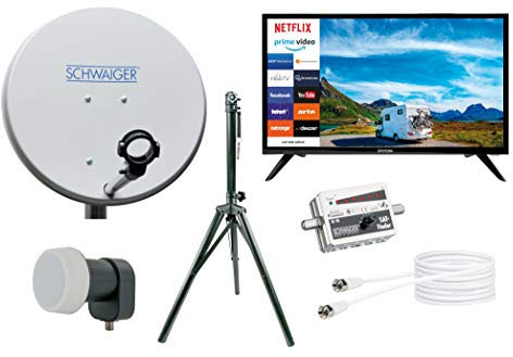 SCHWAIGER TVSET3 SAT Camping Set inkl. TV 24 Zoll HD+ Satellitenschüssel Single LNB Koaxialkabel 10m Dreibeinstativ SAT-Finder Stahl-Antenne 42x42cm