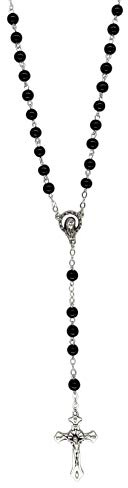 Eurofusioni Rosario cattolico Preghiera Uomo e Donna - Collana di Perline in Vetro Nero e Croce placcata Argento