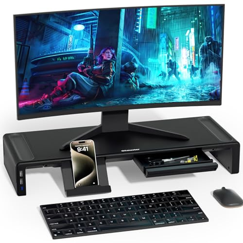 OImaster Monitorständer Riser, Faltbarer Computer-Monitorerhöhung, Computerständer mit Aufbewahrungsschublade, Telefonständer für Computer, Desktop, Laptop, Platz sparen