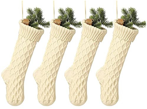 YUANQIAN Weihnachtsstrümpfe, 4 Stück, 45,7 cm, süße Weihnachtsstrümpfe, Dekoration, Zopfstrick, Weihnachtsstrümpfe, Weihnachtsdekoration, Geschenke, Party-Zubehör (weiß, 4 Stück - 45,7 cm)