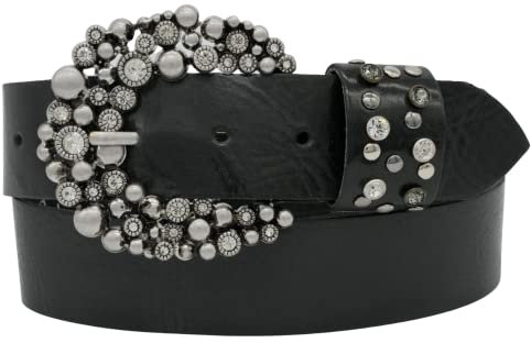 AnnaMatoni Damen Leder Gürtel weiches Rindsleder 3mm stark mit Hochwertiker Strassstein Schließe 4cm breit Damen Ledergürtel (schwarz 790, TW100 - Gesamtlänge 115cm)
