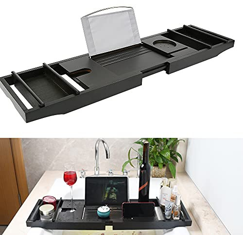 Badewannenablage aus Bambus, Ausziehbares Badewannenbrett Verstellbar Länge 70-105cm, Badewannenbrücke für Baden, (70-105) x 23x 3cm(Schwarz)