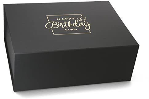 Premium Geschenkbox Geburtstag, Geschenkkarton, Magnetbox, Magnetfaltbox, Geschenkverpackung für Geburtstag mit Schriftzug, 40x30x15cm, Schwarz matt mit Gold