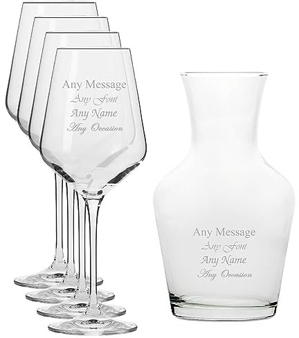 Lot de 4 verres à vin Infinity gravés et carafe à vin de 500 ml, personnalisables avec n'importe quel message pour toute occasion, stylisez à partir d'une variété de polices, boîtes cadeaux incluses,