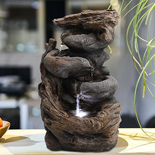 Fontana da Giardino per Interni ed Esterni Fontana per Esterni Fontana in Legno con Roccia Fontana da Giardino a Cascata Luci a LED Statua da Esterno per Interni per terrazza, Patio, Portico,