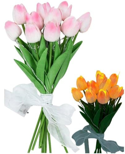 10 stycken konstgjorda blommor tulpan med LED-ljus, äkta falsk touch nattlampa bukett för heminredning, present till bord för, jul