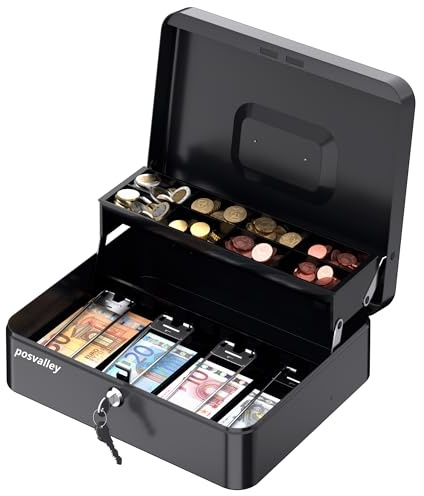 POS VALLEY Tragbare Geldkassette aus Eisen, mit Münzfach und Federn aus Stahl, Banknotenhalter, Sicherheitsschloss 30 x 24 x 9 cm (Schwarz)