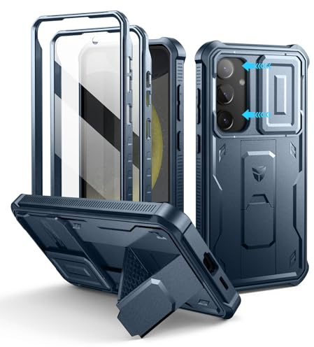 Dexnor pour Coque Samsung Galaxy S24 Plus【Double Cadre Avant et Support】 avec CaméRa Coulissante Intégrée & Protecteur d'écran, Coque de Protection Robuste Résistante Aux Chocs - Bleu Marine