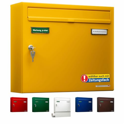 AL Briefkasten Systeme Basic 1er Briefkasten in RAL 1003 Signal Gelb 1 Fach DIN A4 Postkasten wetterfest wasserdicht rostfrei Briefkastenanlage mit Posthaltebügel und 2 Namensschildern