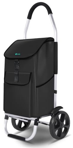 VOUNOT® Einkaufstrolley Klappbar aus Aluminium mit 58L Wasserdichter Tasche, 2 Extra große Räder mit Schutzblech, Faltbarer Einkaufswagen, Treppensteiger Trolley, Schwarz