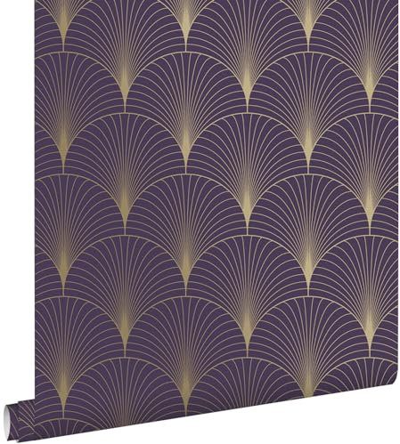 Esta Home papel pintado arte deco morado oscuro y oro 53 cm x 10.05 m